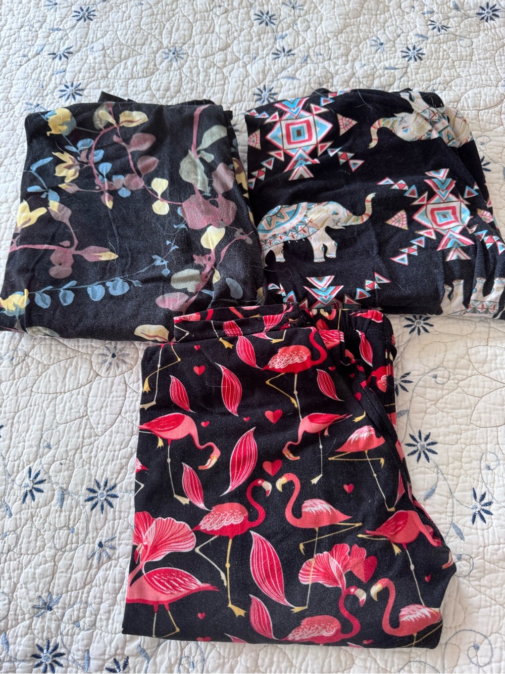 ALL THREE PAIR! Women's Black Leggings with Flamingo, Elephant, and Leaf designs